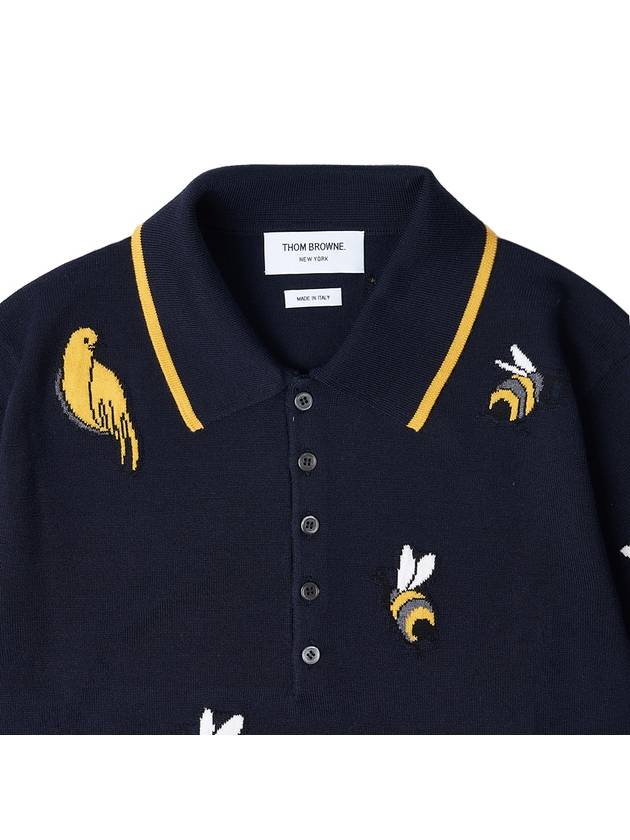 Men's Bird Bee Half Drop 4 Bar Merino Cotton Short Sleeve Polo Shirt Navy - THOM BROWNE - BALAAN 4