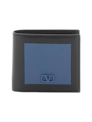 V Logo Signature Half Wallet Black Blue - VALENTINO - BALAAN 1