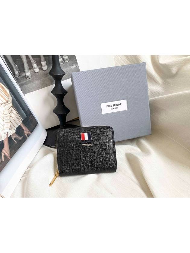 Three Stripes Pebble Grain Zipper Round Half Wallet Black - THOM BROWNE - BALAAN 8