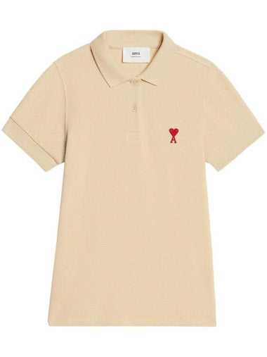 Embroidered Heart Logo Short Sleeve Polo Shirt Vanilla - AMI - BALAAN 1