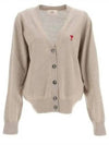 Red Heart Logo Merino Wool Cardigan Beige - AMI - BALAAN 2