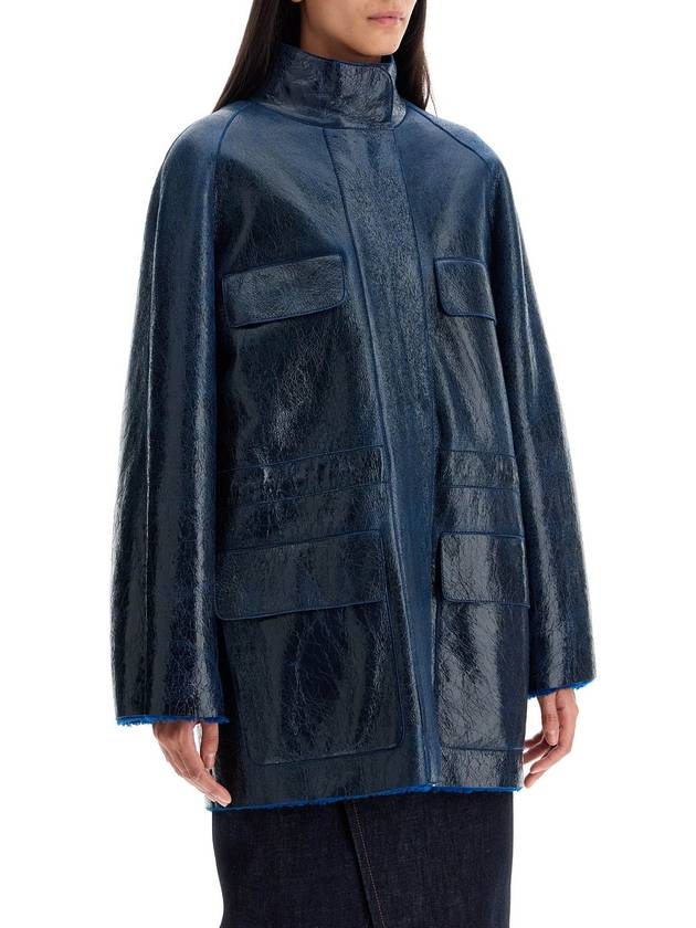 High Neck Leather Jacket Dark Blue - FENDI - BALAAN 3