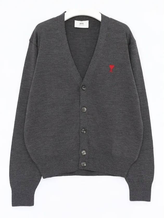 Red Heart Logo Merino Wool Cardigan Heather Grey - AMI - BALAAN 4