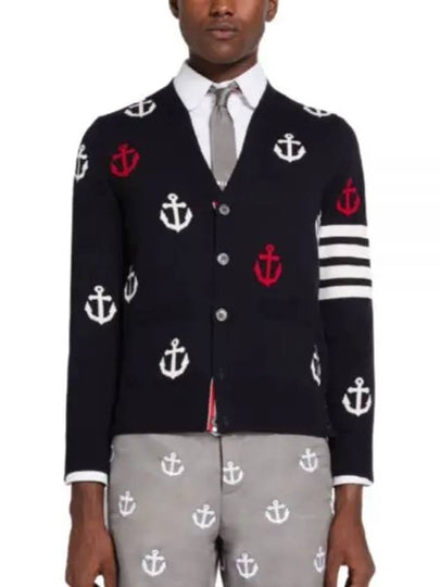 Anchor Intarsia 4-Bar V-Neck Cardigan Navy - THOM BROWNE - BALAAN 2