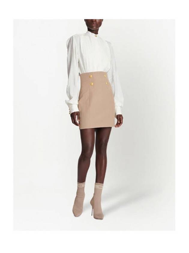 Balmain Women's Gold Button Wool Pencil Skirt Brown - BALMAIN - BALAAN 2