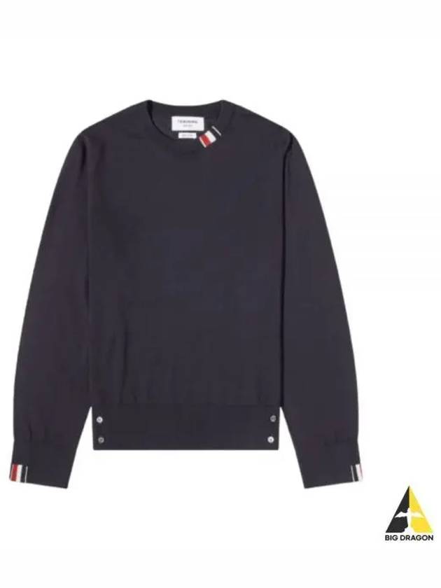 Intarsia Stitch Crew Neck Merino Wool Knit Top Navy - THOM BROWNE - BALAAN 2