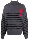 Men's Heart Logo Striped Turtleneck Grey - AMI - BALAAN 1