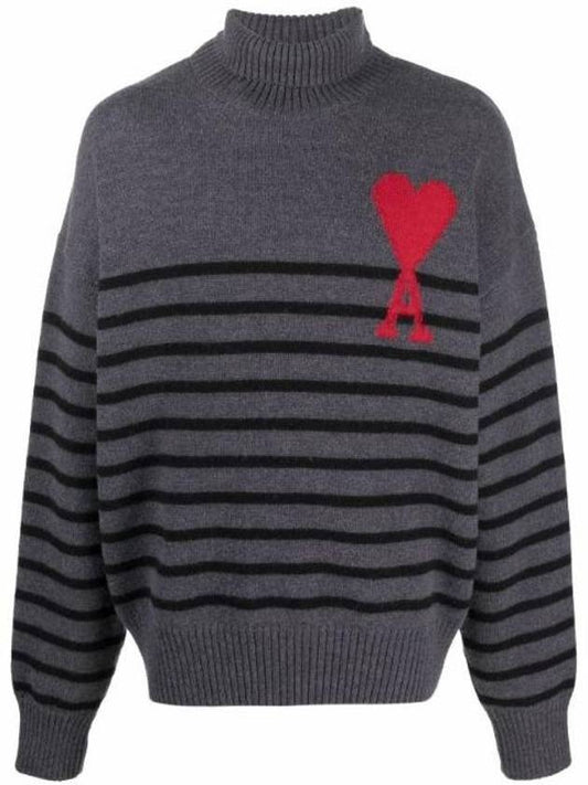 Men's Heart Logo Striped Turtleneck Gray - AMI - BALAAN.