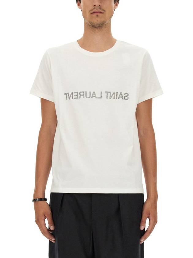 Reverse Logo Print Cotton Short Sleeve T-Shirt White - SAINT LAURENT - BALAAN 2