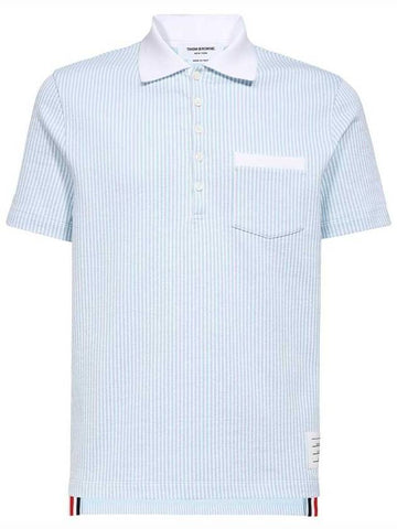 Striped Seersucker Pocket Short Sleeve Polo Shirt Light Blue - THOM BROWNE - BALAAN 1