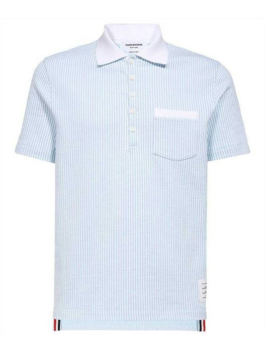 Striped Seersucker Pocket Short Sleeve Polo Shirt Light Blue - THOM BROWNE - BALAAN 1