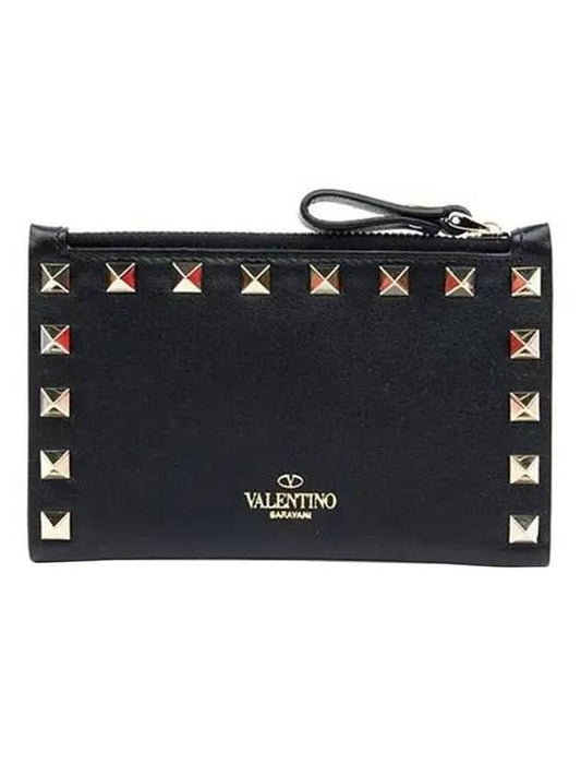 Garavani Logo Rockstud Leather Card Holder Black - VALENTINO - BALAAN 1