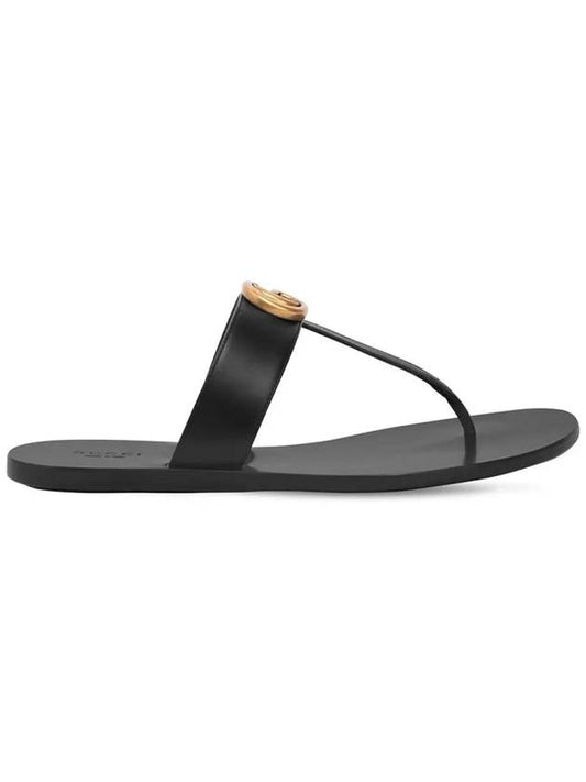 Women's GG Marmont T Strap Leather Flip Flops Black - GUCCI - BALAAN 2