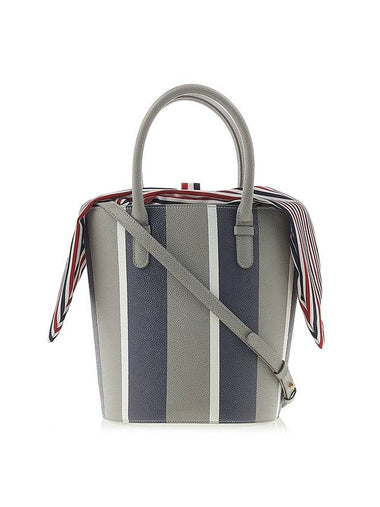 Women's Stripe Pebble Grain Bucket Bag Medium Grey - THOM BROWNE - BALAAN 1