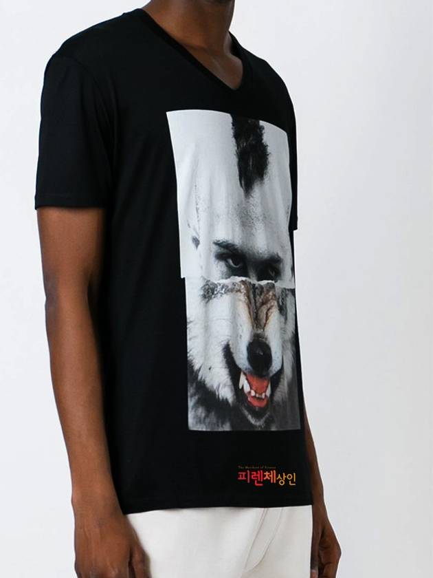 Size 95 Black Mohican Wolf Face Printing Vneck Short Sleeve Tshirt - NEIL BARRETT - BALAAN 4