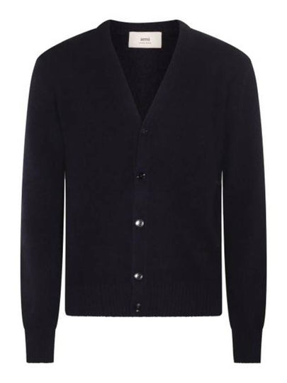 Heart Logo V Neck Cashmere Cardigan Navy - AMI - BALAAN 2