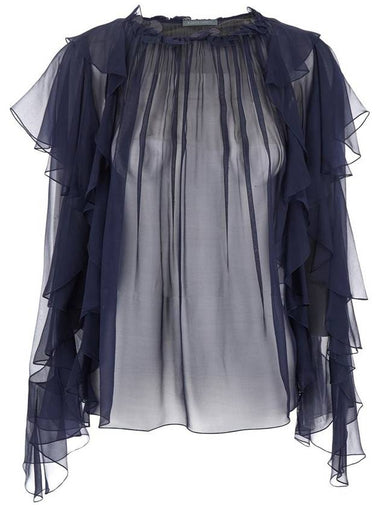 Blue Shirt With Ruffle Detail In Silk Chiffon Woman - ALBERTA FERRETTI - BALAAN 1