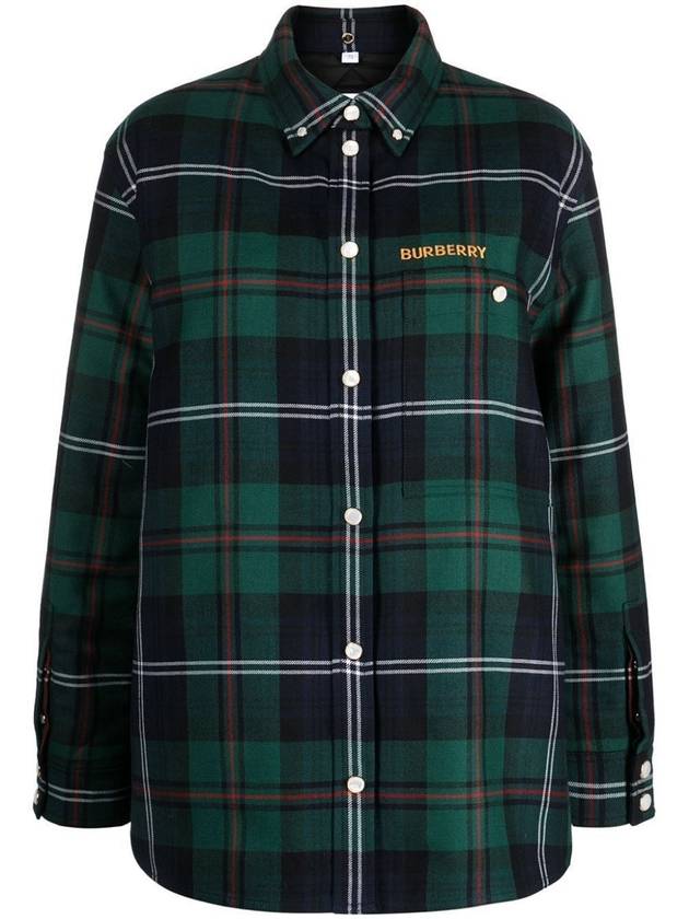 Women's Logo Embroidered Check Wool Overshirt Jacket Dark Green - BURBERRY - BALAAN 4