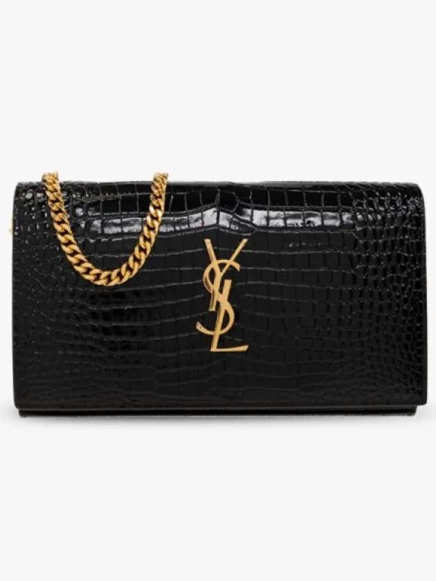 Cassandre Chain Crocodile Embossing Leather Long Wallet Black - SAINT LAURENT - BALAAN 2