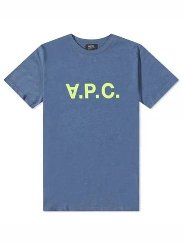 APC VPC Velvet Logo Short Sleeve T Shirt Blue COETR H26168 - A.P.C. - BALAAN 1