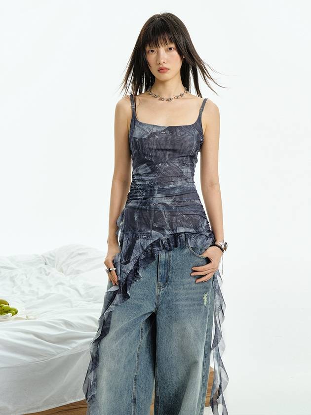 Irregular pleated rough denim print top - WESAME LAB - BALAAN 3