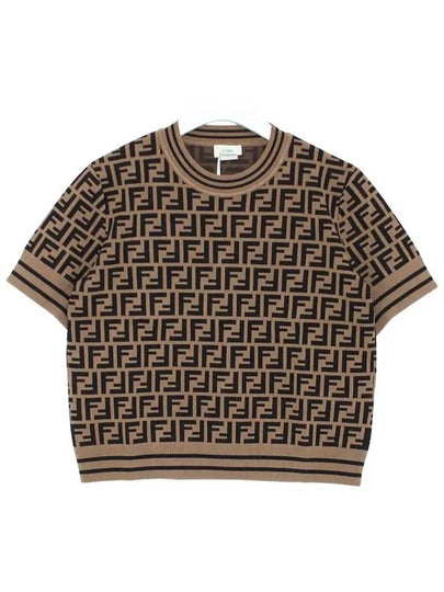 Kids FF All Over Short Sleeve Knit Top Brown - FENDI - BALAAN 2