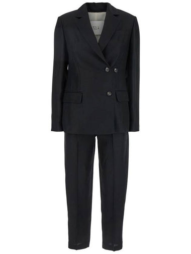 Black Double-Breasted Suit With Notched Revers In Linen And Viscose Blend Woman - TELA - BALAAN 1