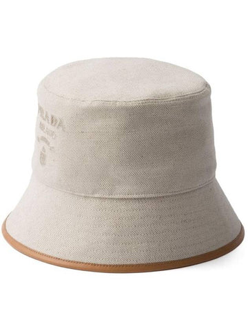 Logo Linen Blend Bucket Hat Natural - PRADA - BALAAN 1