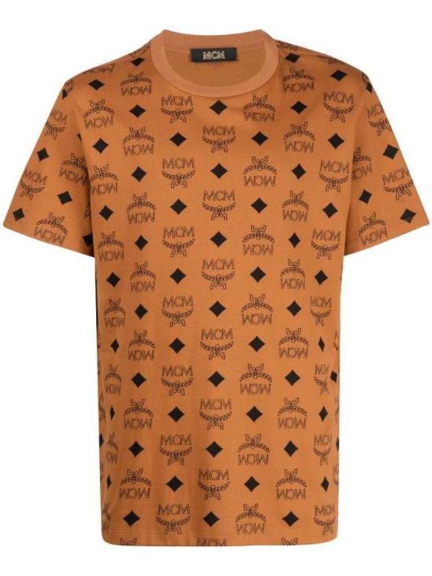 Monogram Print Short Sleeve T-Shirt Brown - MCM - BALAAN 1