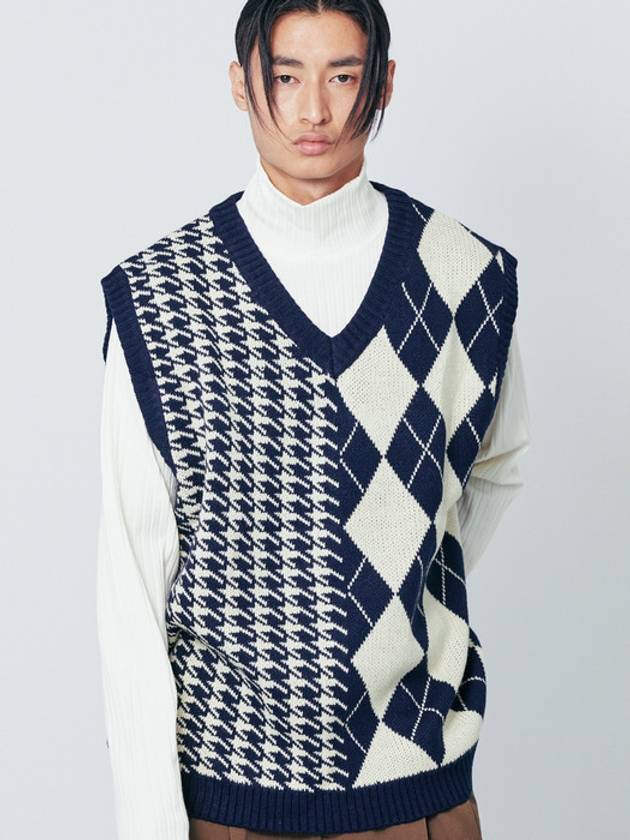 Argyle Houndstooth Half Half Knit Vest Navy - S SY - BALAAN 2