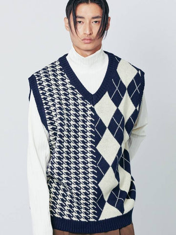 Argyle Houndstooth Half Half Knit Vest Navy - S SY - BALAAN 1