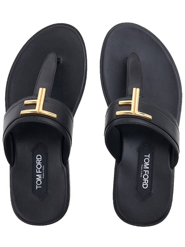 TF Logo Decorated Leather Flip Flops Black - TOM FORD - BALAAN 7