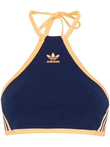 Logo Print Halter Neck Crop Rib Sleeveless Blue - ADIDAS - BALAAN 1