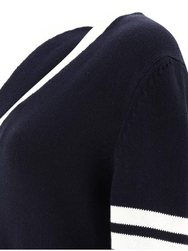 Cotton Jersey Flower 4 Bar V Neck Cardigan Navy - THOM BROWNE - BALAAN 4