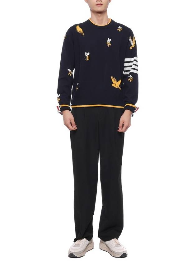 Cotton Merino Birds & Bees Intrasia 4 Bar Crew Neck Pullover Knit Top Navy - THOM BROWNE - BALAAN 4