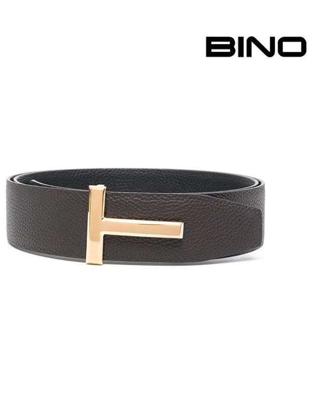 Gold Soft Grain Leather T Icon Belt Brown Black - TOM FORD - BALAAN 2