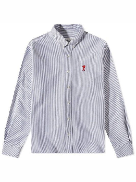 Embroidered Heart Logo Stripe Long Sleeve Shirt Blue - AMI - BALAAN 1