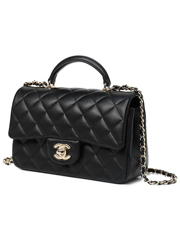 Gold Hardware Top Handle Mini Lambskin Flap Cross Bag Black - CHANEL - BALAAN 3