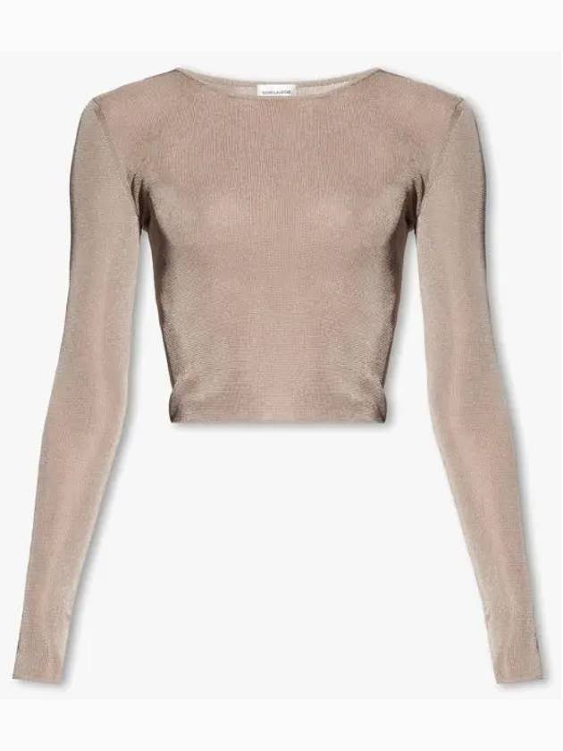 Rib Detail Viscose Crop Long Sleeve T-Shirt Pink - SAINT LAURENT - BALAAN 2