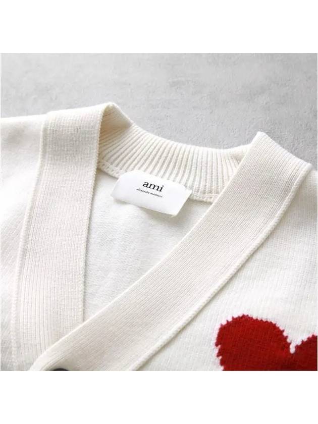 Heart Logo V Neck Wool Cardigan Off White - AMI - BALAAN 7