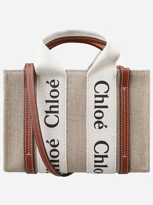 Woody Linen Canvas Calfskin Tote Bag White Brown - CHLOE - BALAAN 2