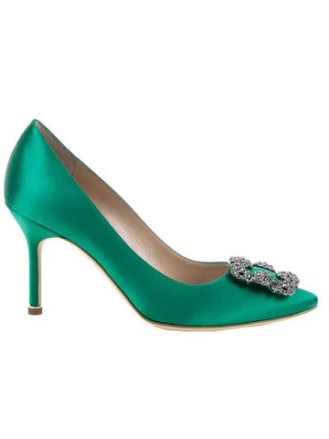 Women's Hangisi 90 Satin Jewel Buckle Pumps Heel Green - MANOLO BLAHNIK - BALAAN 1