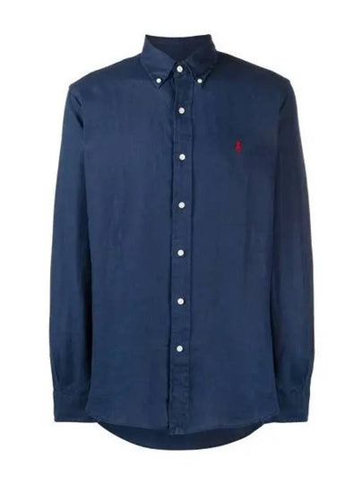 Men's Pony Embroidery Linen Oxford Long Sleeve Shirt Blue - POLO RALPH LAUREN - BALAAN 2