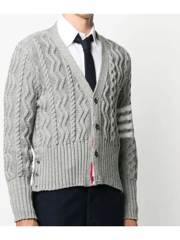 Classic Aran Cable V-neck Cardigan Light Grey - THOM BROWNE - BALAAN 5