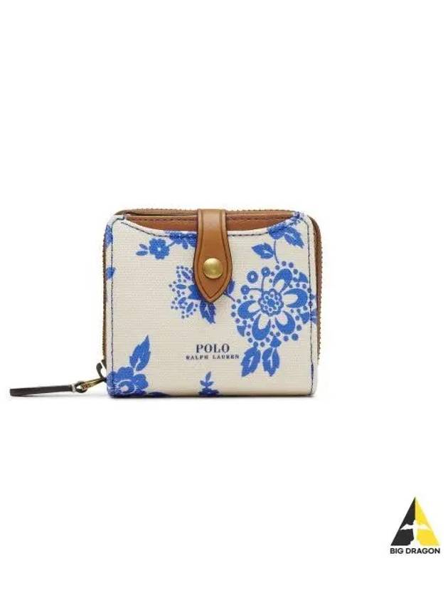 W Floral Canvas Leather Compact Wallet Blue - POLO RALPH LAUREN - BALAAN 1