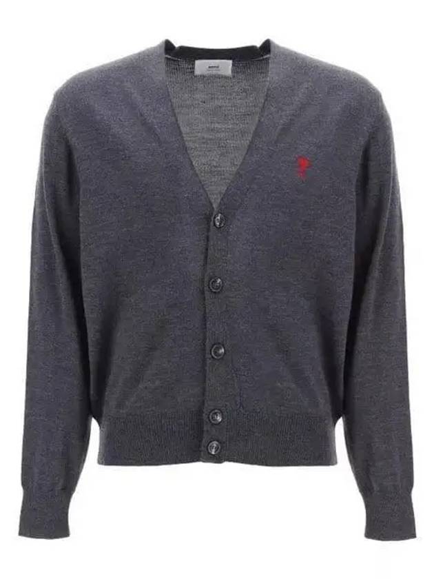 Red Heart Logo Merino Wool Cardigan Heather Grey - AMI - BALAAN 2