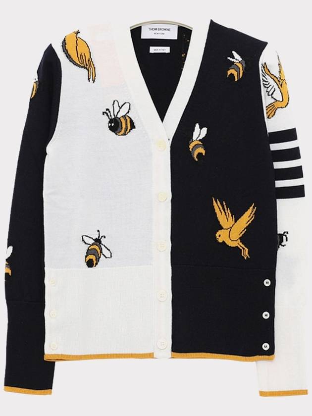 Women 4 Bar Stripe Bird Bee Cotton Wool Cardigan Navy White - THOM BROWNE - BALAAN 4