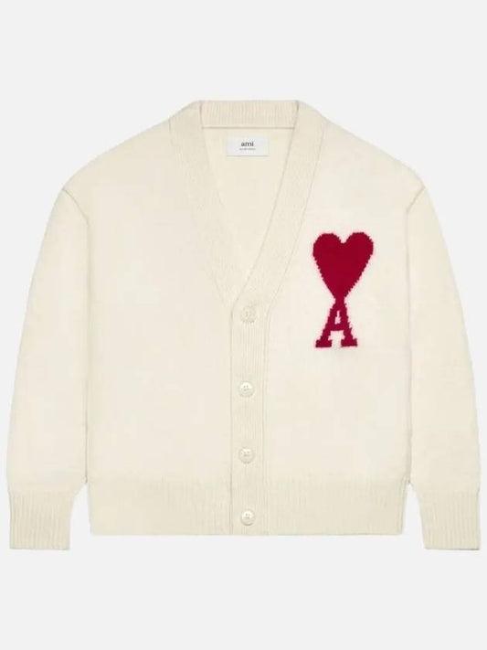 Heart Logo V Neck Wool Cardigan Off White - AMI - BALAAN 2