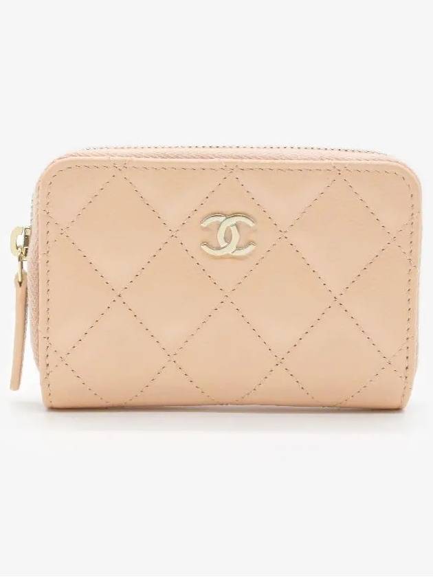 Classic Grained Shiny Calfskin Zipped Coin Wallet Light Beige - CHANEL - BALAAN 3