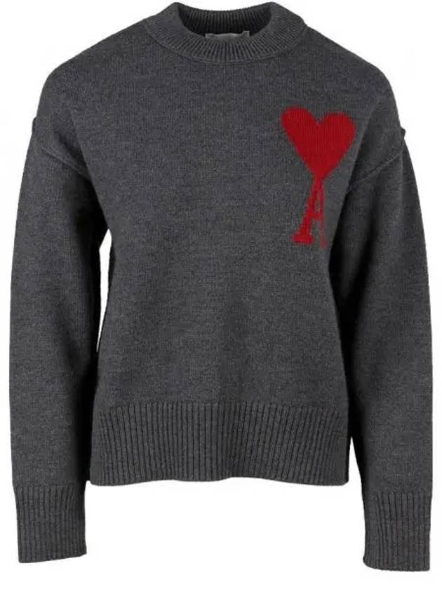 Intarsia Big Heart Logo Wool Knit Top Grey - AMI - BALAAN 2